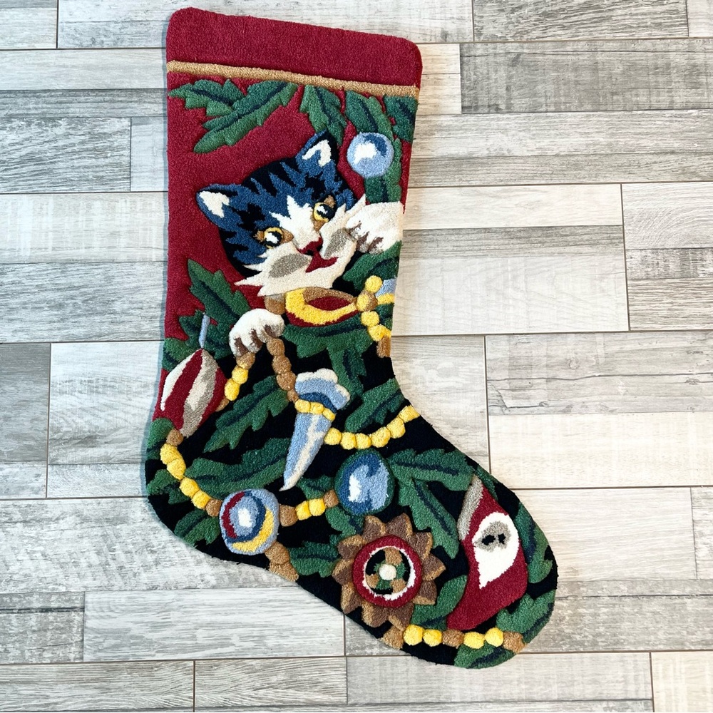 Vintage Hand-Tufted Acrylic Rug Christmas Stocking Shape Cat Wall Hanging Decor